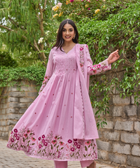 Women's Chanderi Silk Embroidered Kurta Pant Set with Handwork Dupatta thumbnail