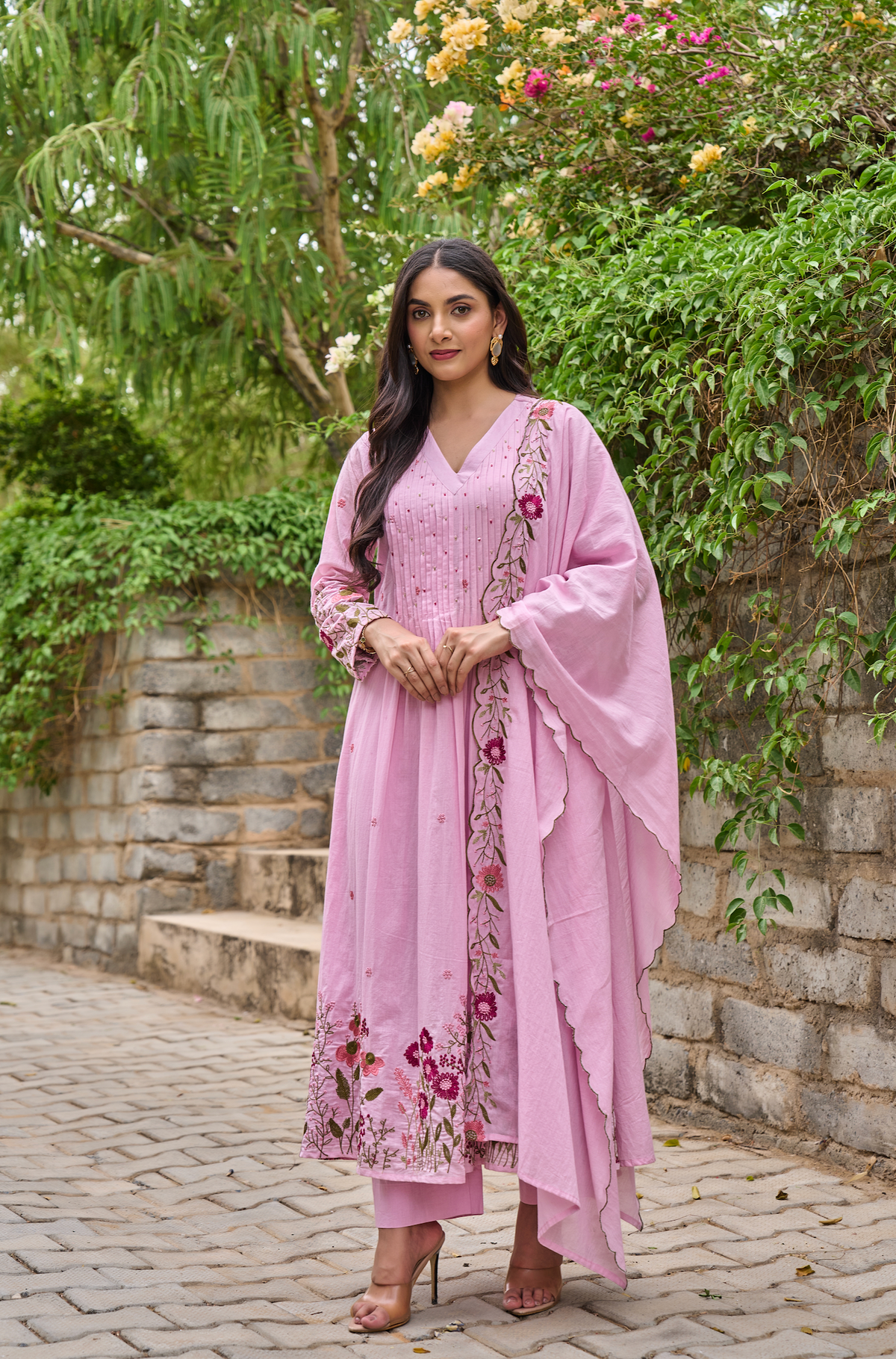 Women's Chanderi Silk Embroidered Kurta Pant Set with Handwork Dupatta