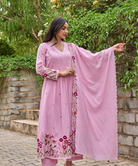 Women's Chanderi Silk Embroidered Kurta Pant Set with Handwork Dupatta thumbnail