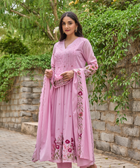 Women's Chanderi Silk Embroidered Kurta Pant Set with Handwork Dupatta thumbnail