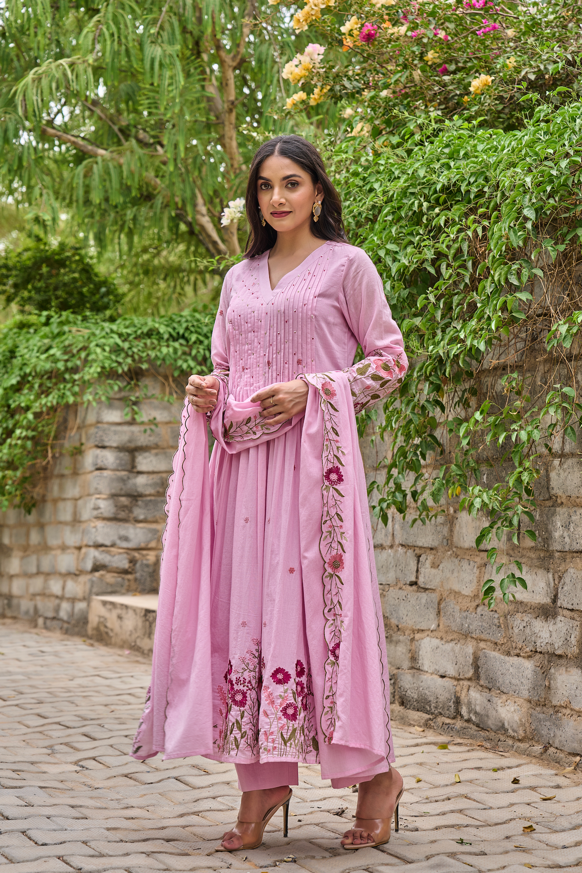 Women's Chanderi Silk Embroidered Kurta Pant Set with Handwork Dupatta