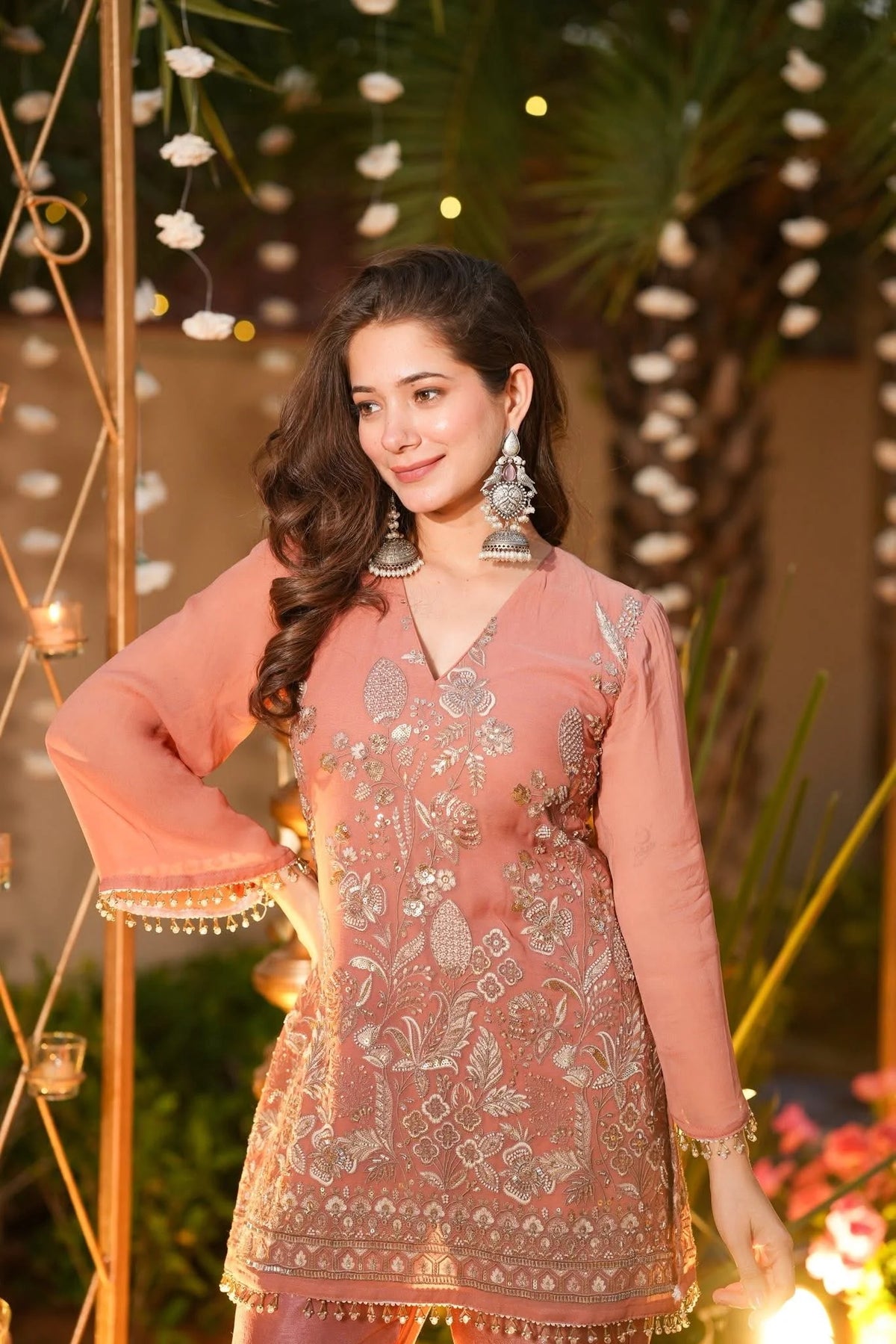 Women's Peach Crunchy Silk Embroidered Kurta Pant Set – ST-TANISHKA