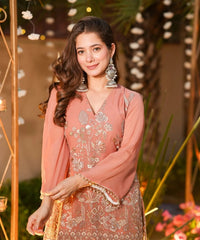 Women's Peach Crunchy Silk Embroidered Kurta Pant Set – ST-TANISHKA thumbnail