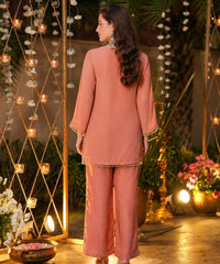 Women's Peach Crunchy Silk Embroidered Kurta Pant Set – ST-TANISHKA thumbnail