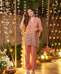Women's Peach Crunchy Silk Embroidered Kurta Pant Set – ST-TANISHKA thumbnail