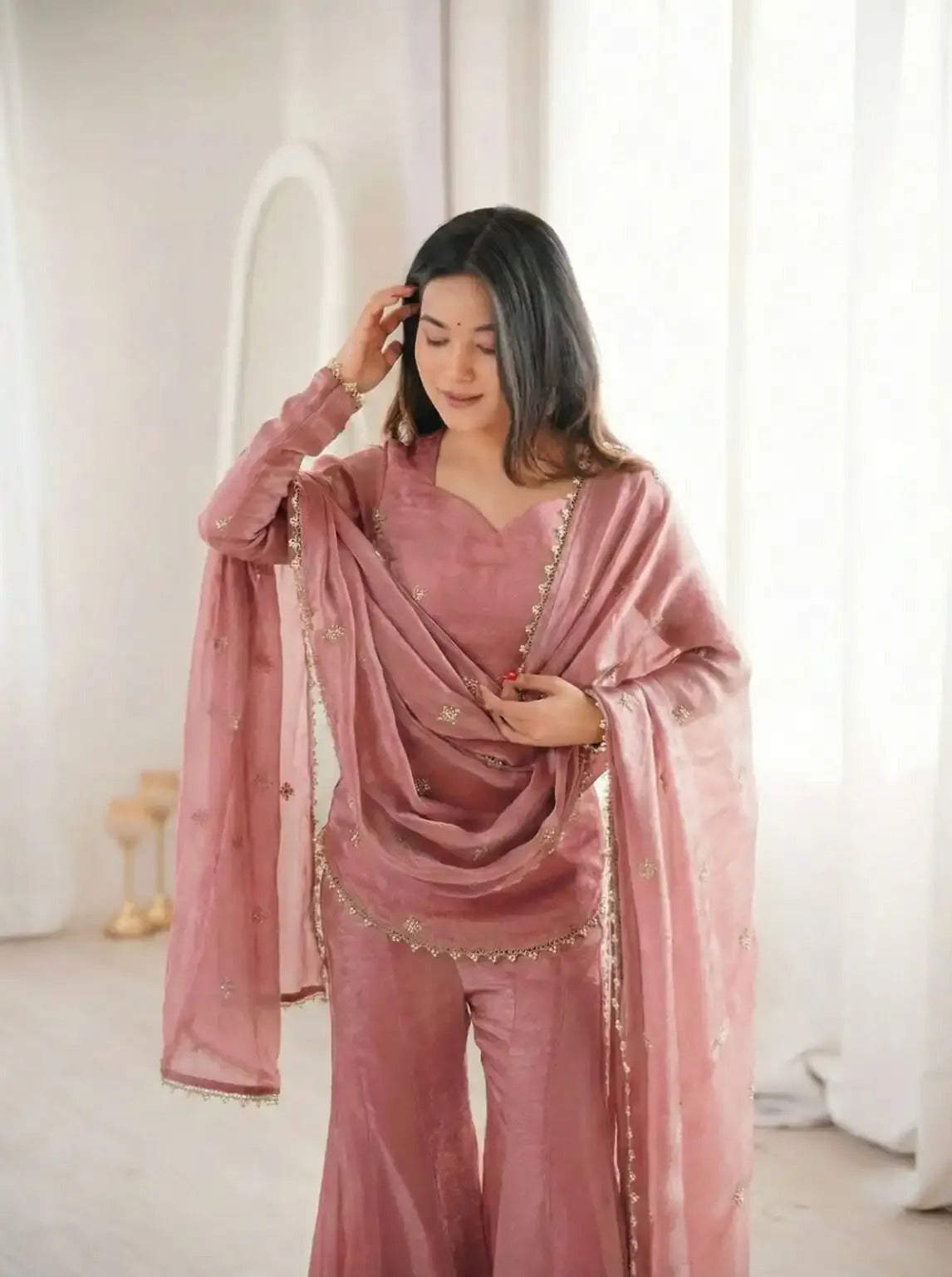 Women's Fandy Silk Embroidered Kurta Pant Set with Dupatta