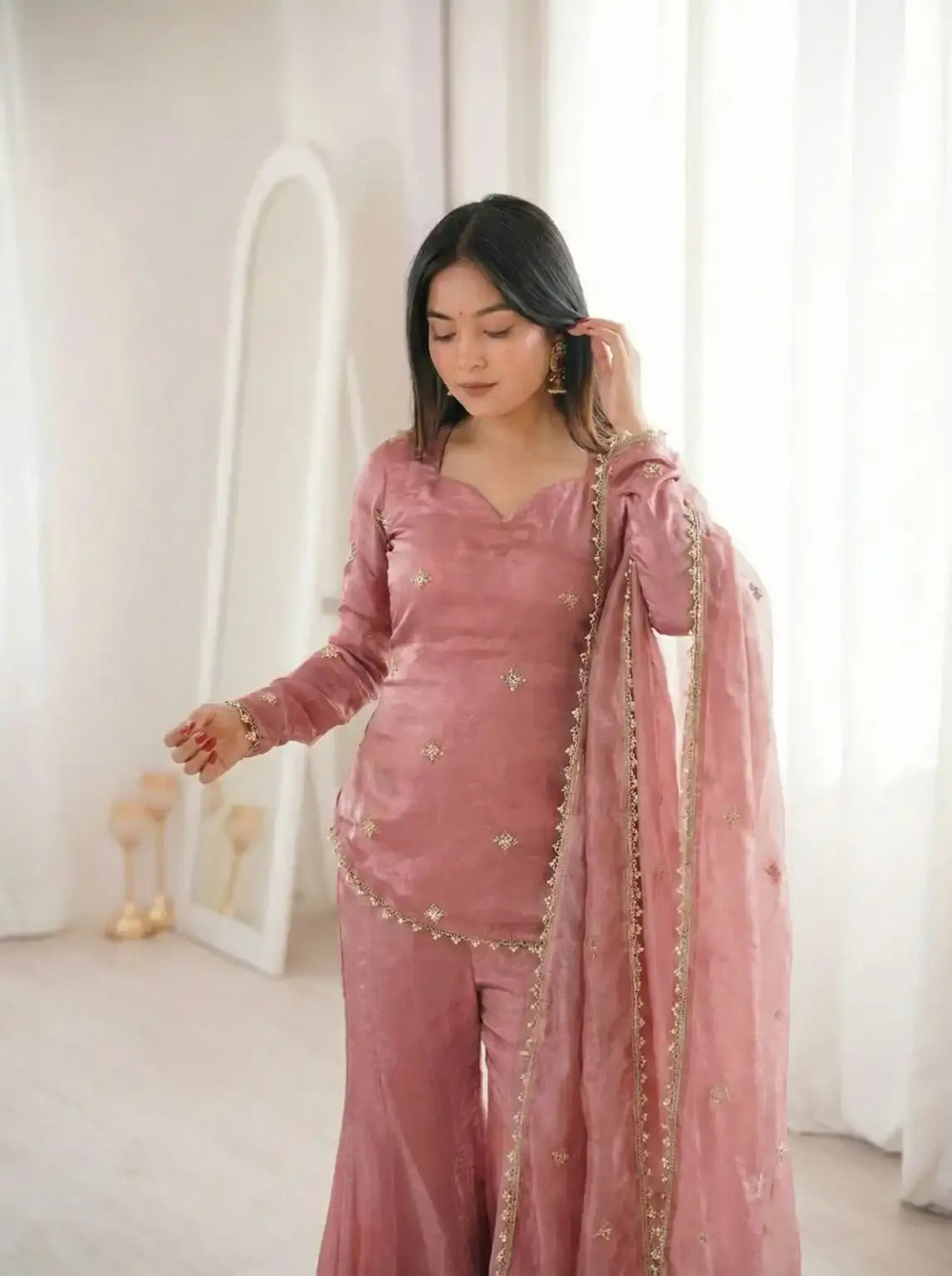 Women's Fandy Silk Embroidered Kurta Pant Set with Dupatta