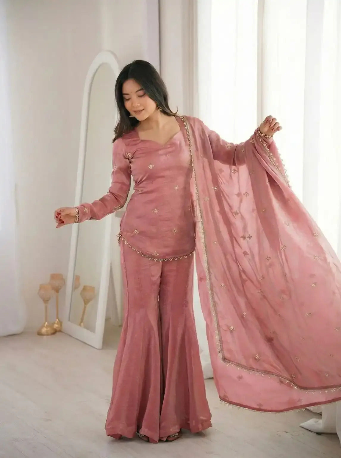 Women's Fandy Silk Embroidered Kurta Pant Set with Dupatta