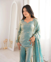 Women's Fandy Silk Embroidered Kurta Pant Set with Dupatta thumbnail