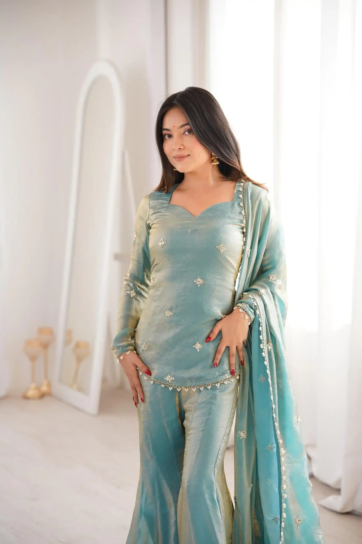 Women's Fandy Silk Embroidered Kurta Pant Set with Dupatta