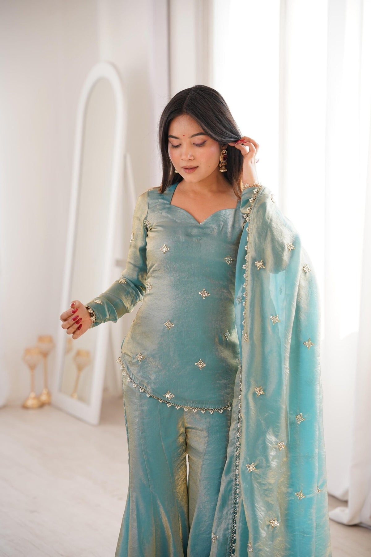 Women's Fandy Silk Embroidered Kurta Pant Set with Dupatta