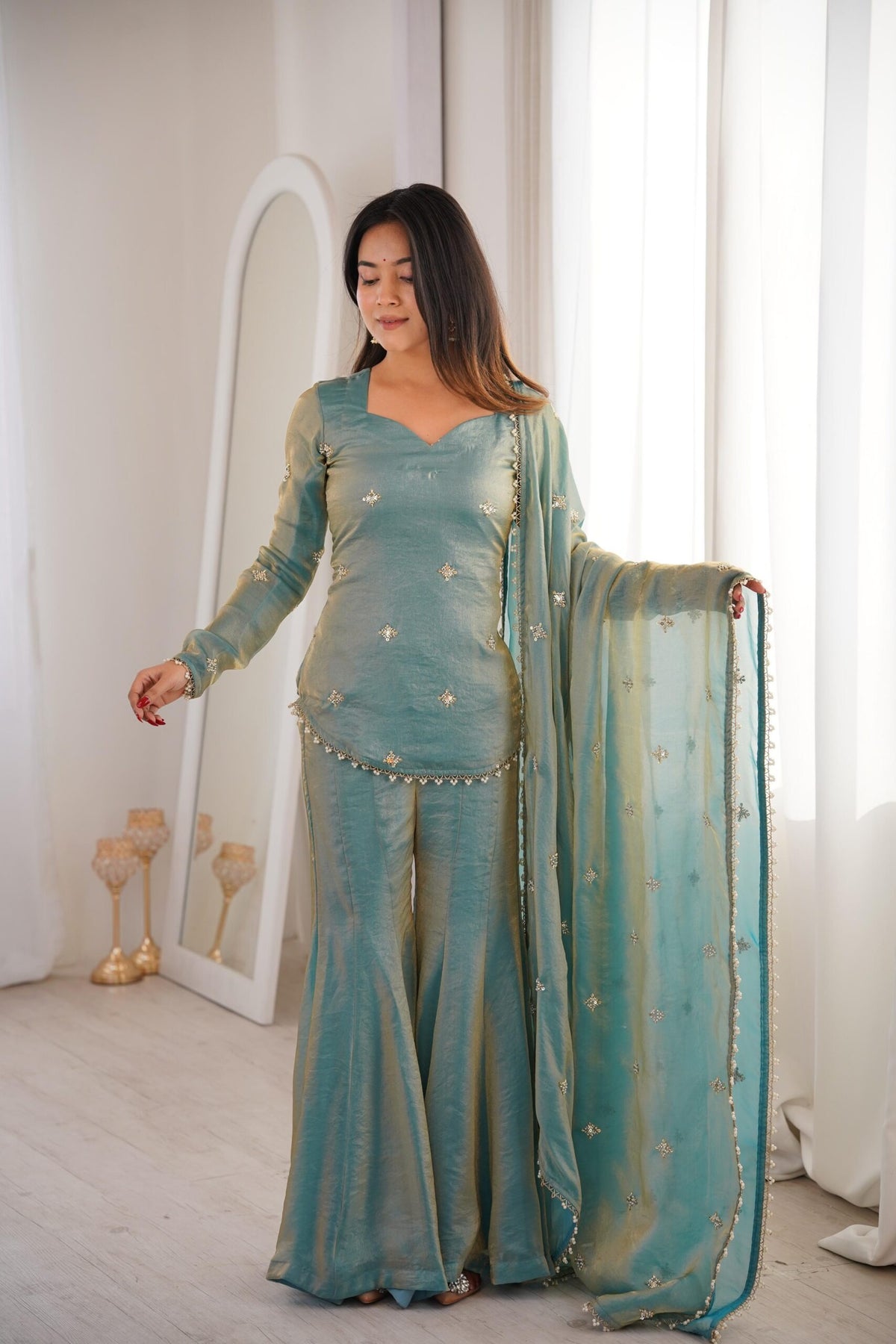 Women's Fandy Silk Embroidered Kurta Pant Set with Dupatta