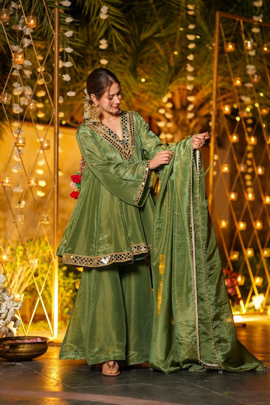 Women's CP Vichitra Embroidered Kurti Palazzo Set with Dupatta