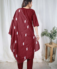Women's Embroidered Cotton Kurti Pant Set with Dupatta thumbnail