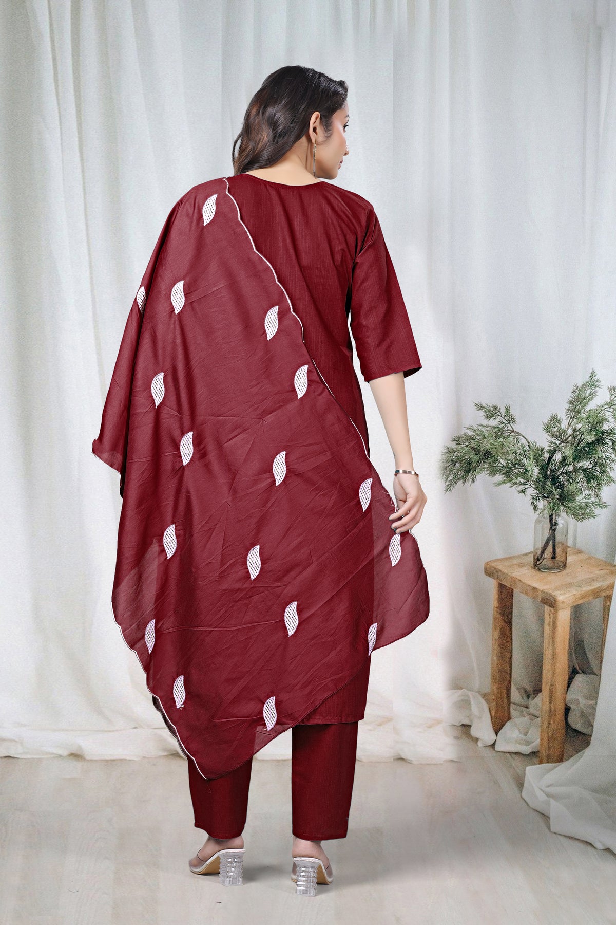 Women's Embroidered Cotton Kurti Pant Set with Dupatta