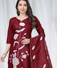 Women's Embroidered Cotton Kurti Pant Set with Dupatta thumbnail