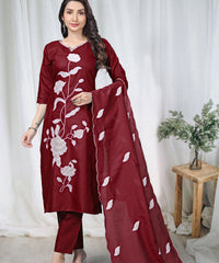 Women's Embroidered Cotton Kurti Pant Set with Dupatta thumbnail