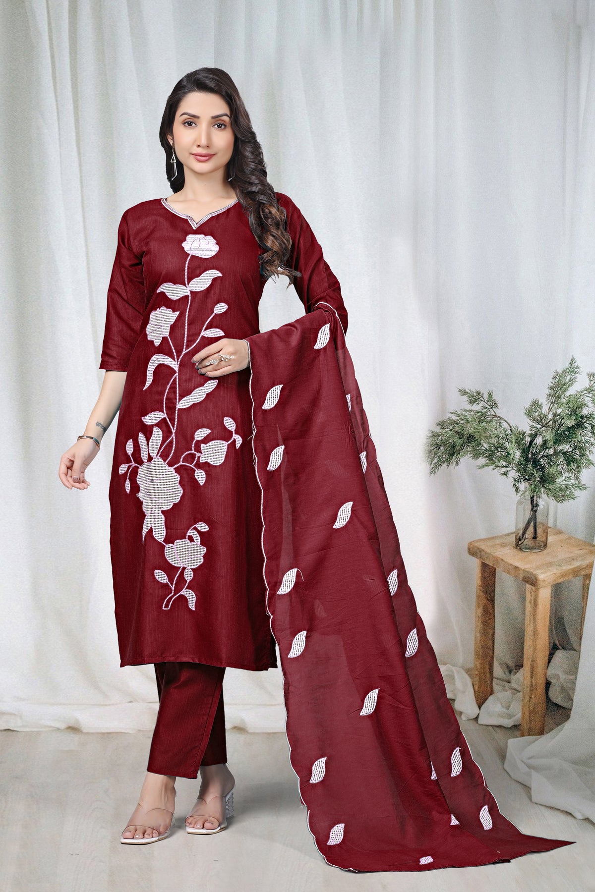 Women's Embroidered Cotton Kurti Pant Set with Dupatta