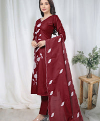 Women's Embroidered Cotton Kurti Pant Set with Dupatta thumbnail
