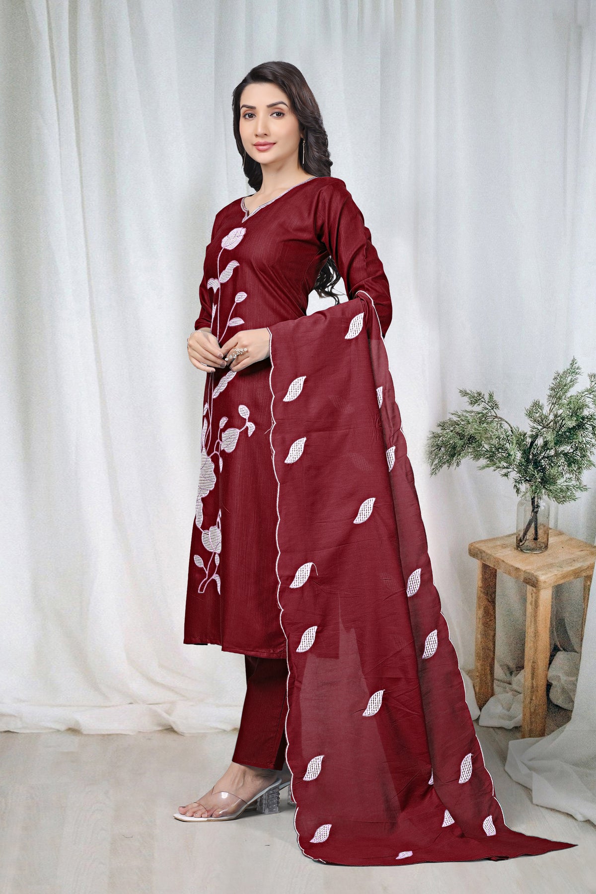 Women's Embroidered Cotton Kurti Pant Set with Dupatta