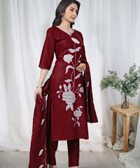 Women's Embroidered Cotton Kurti Pant Set with Dupatta thumbnail