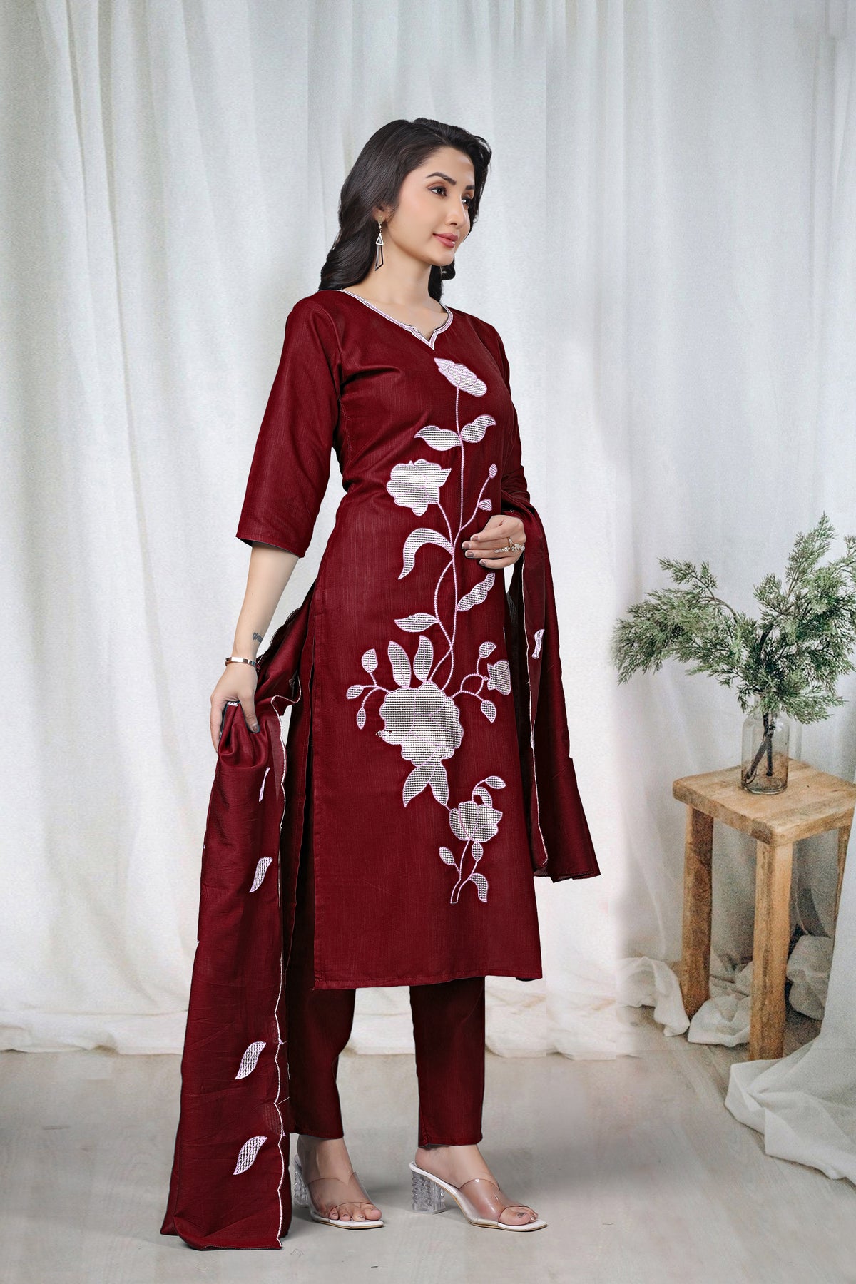 Women's Embroidered Cotton Kurti Pant Set with Dupatta