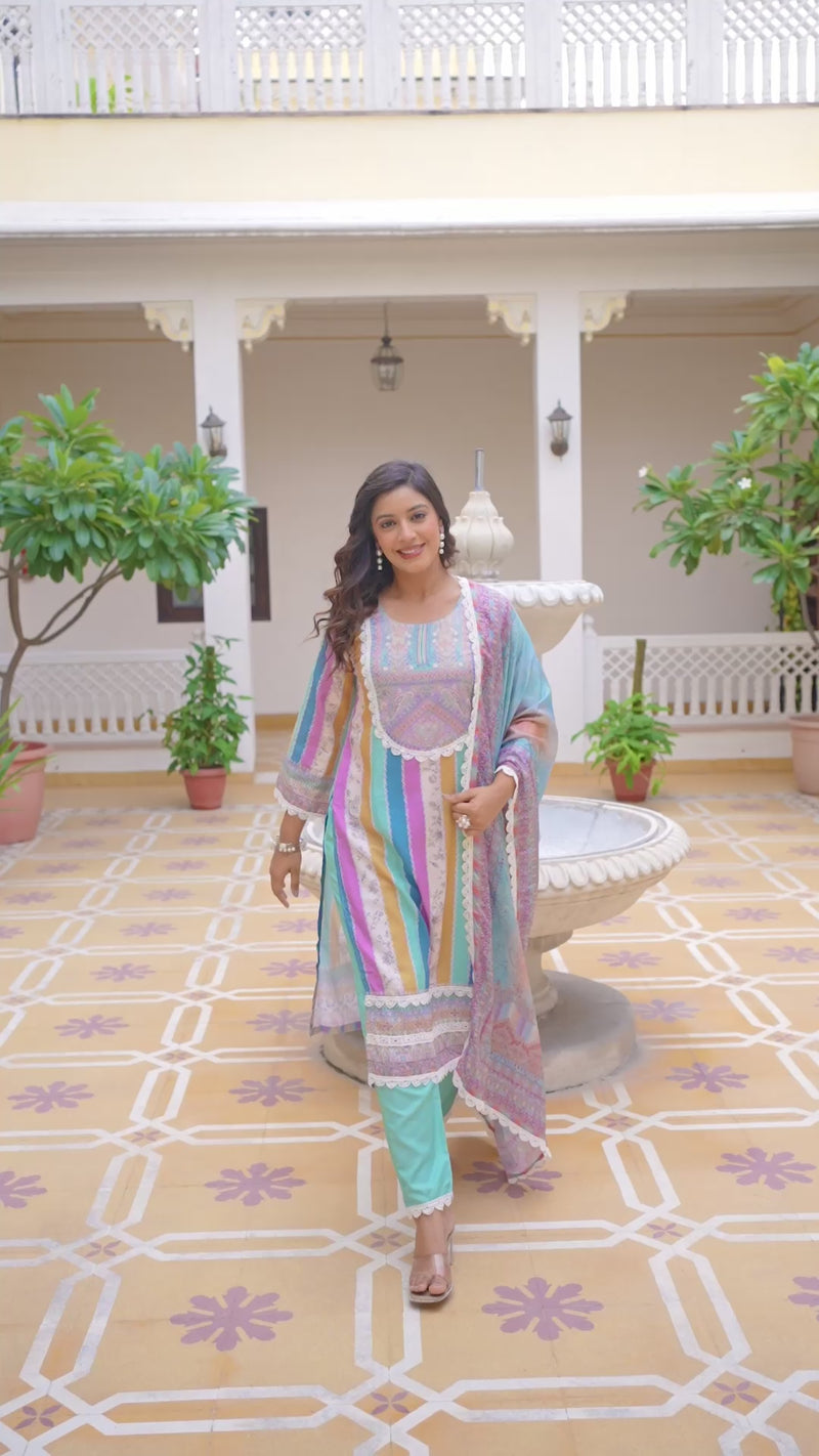Women's Rayon Slub Embroidered Kurta Pant Set with Printed Chinon Dupatta